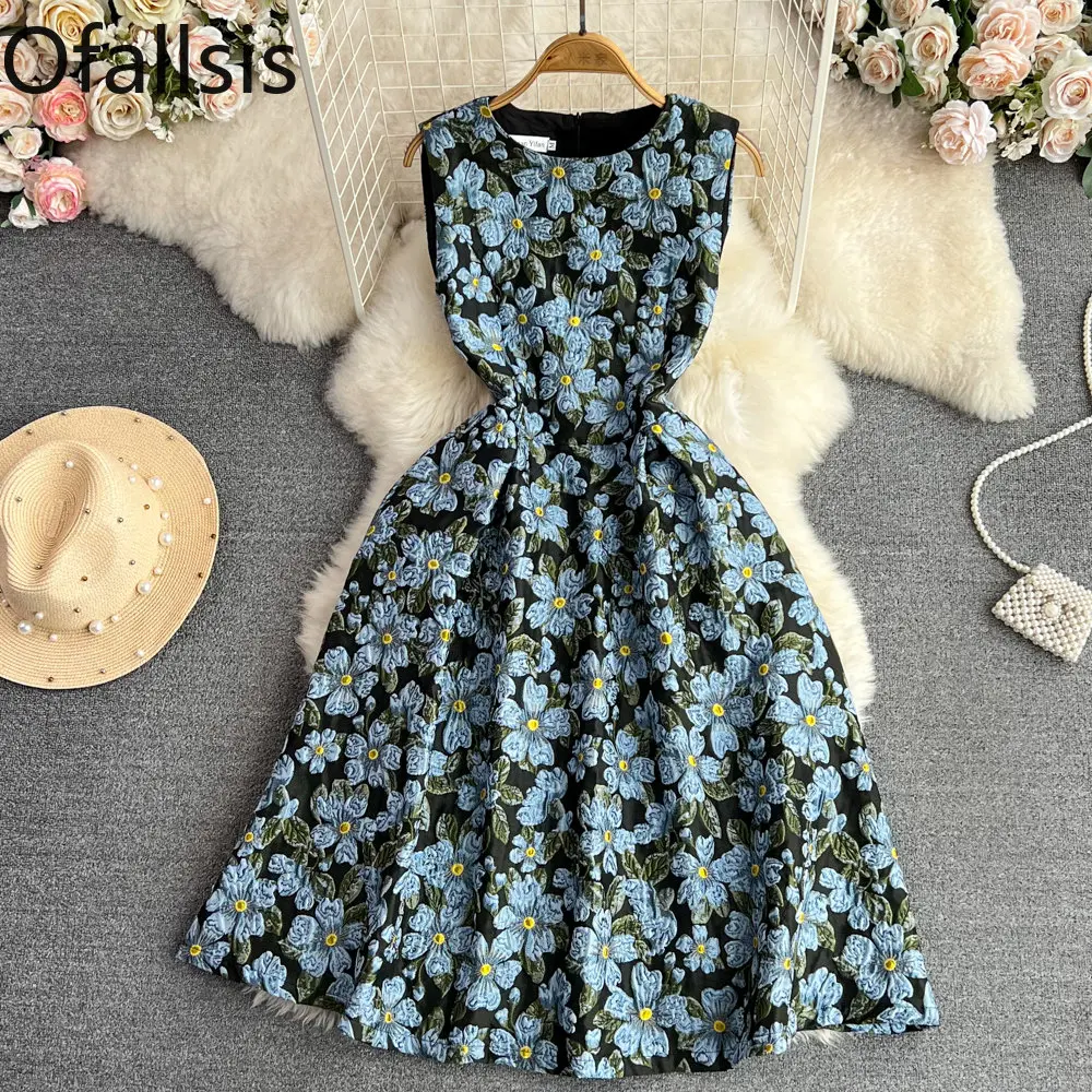 

Ofallsis High End Luxury Banquet Dress Summer Women's Fashion O Neck Waist Slim Sleeveless A line Large Swing Jacquard Dresses