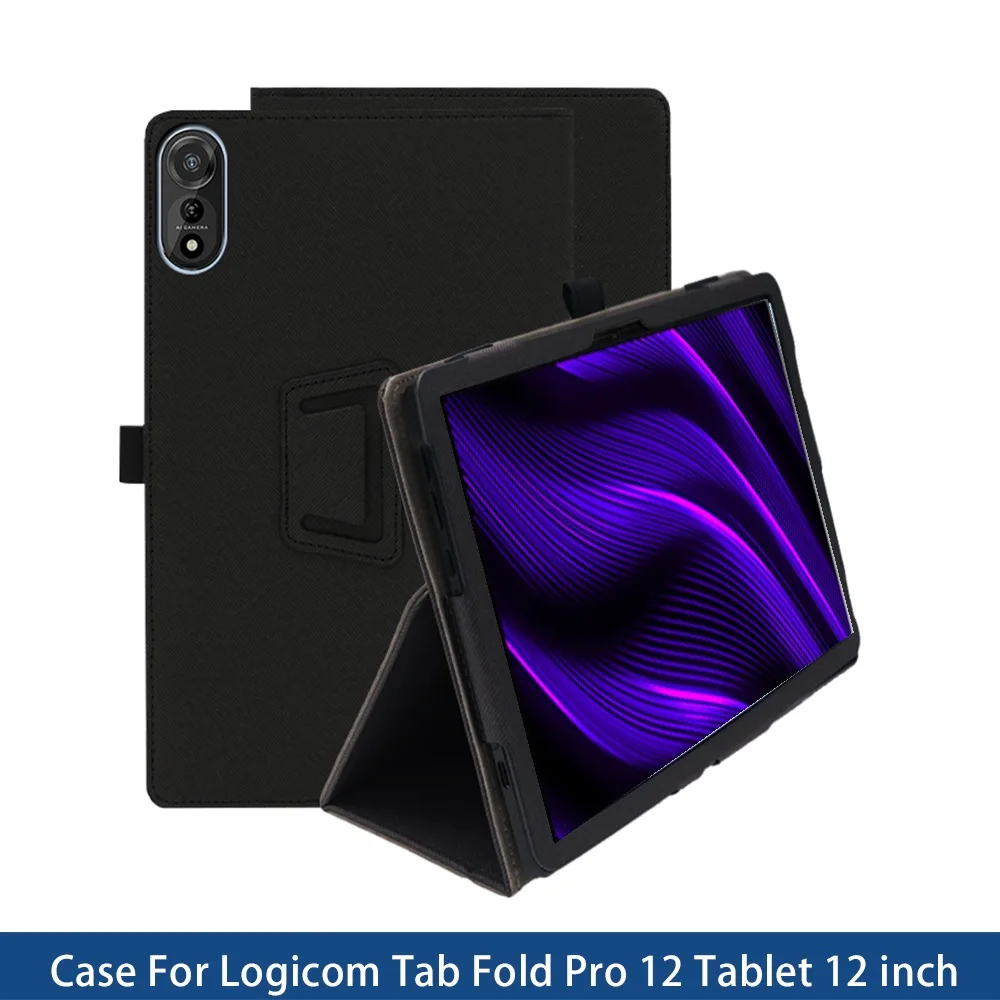 Фото Чехол для Logicom Tab Fold Pro 12, 12-дюймовый ультратонкий чехол из искусственной кожи с функцией складной подставки, держателем для стилуса и петлей для ручки, полная защита из искусственной кожи. №1