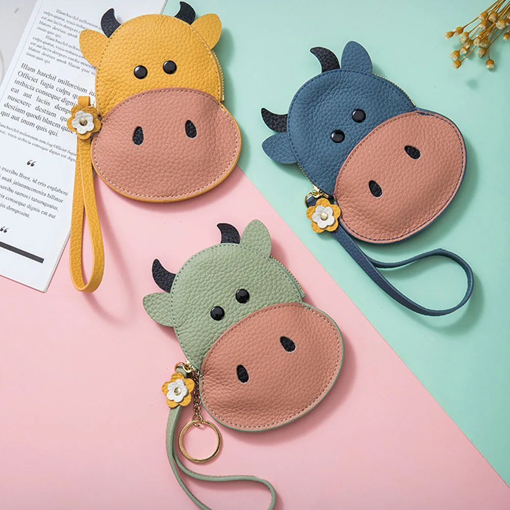 

Cowhide Leather Coin Purses Cute Cow Design Money Bag Versatile Lady Card Cash Holder Key Chain Zipper Purse For Girls Nice Gift