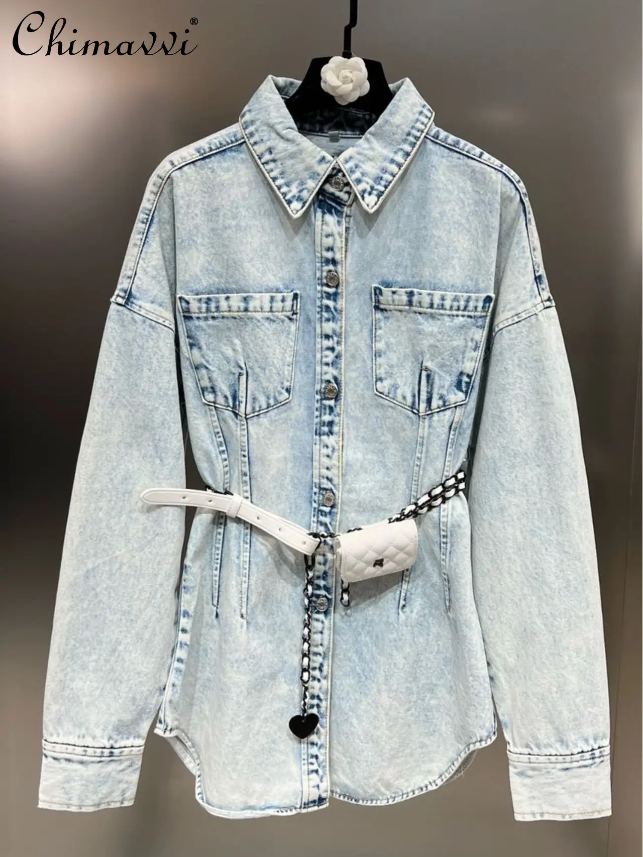 

2022 Fall New Women's Fashion Streetwear Lapels Long Sleeve Jeans Coat Ladies Simple Bag Chain Belt Hot Girl Style Denim Jacket
