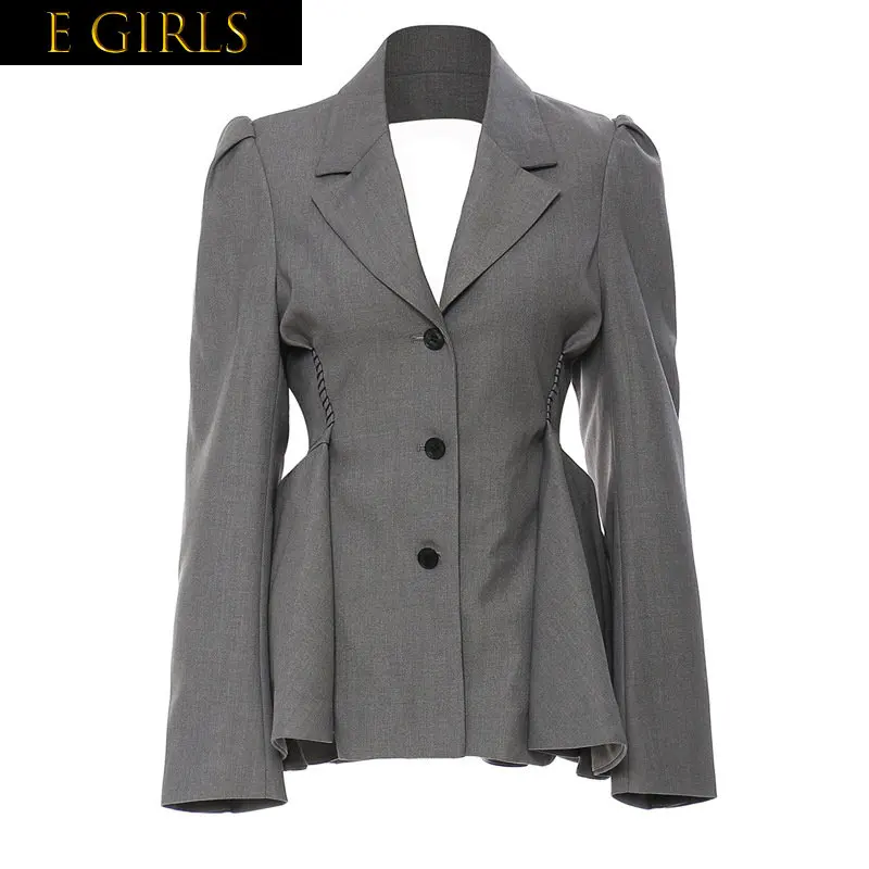 

E GIRLS 2022 Autumn Long Sleeve Notched Collar Single Breasted Buttons Ruffles Backless Slim Grey Blazer Women Coat GF814