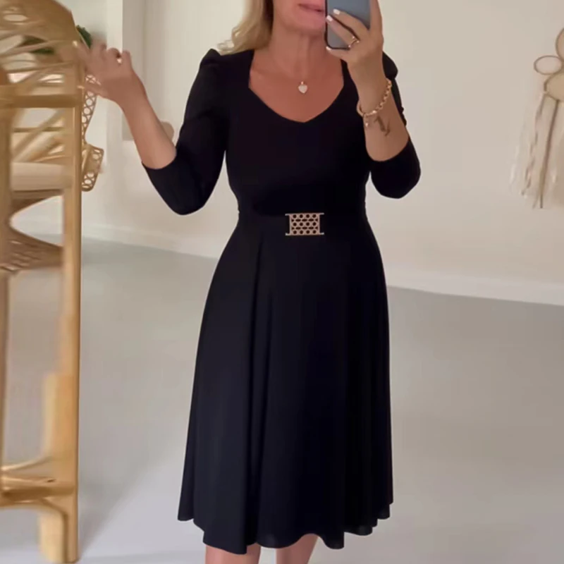 

Женское элегантное Плиссированное вечернее платье с длинным рукавом, модель 2023 года, повседневное офисное платье средней длины с поясом, соблазнительное однотонное платье-трапеция с V-образным вырезом, одежда