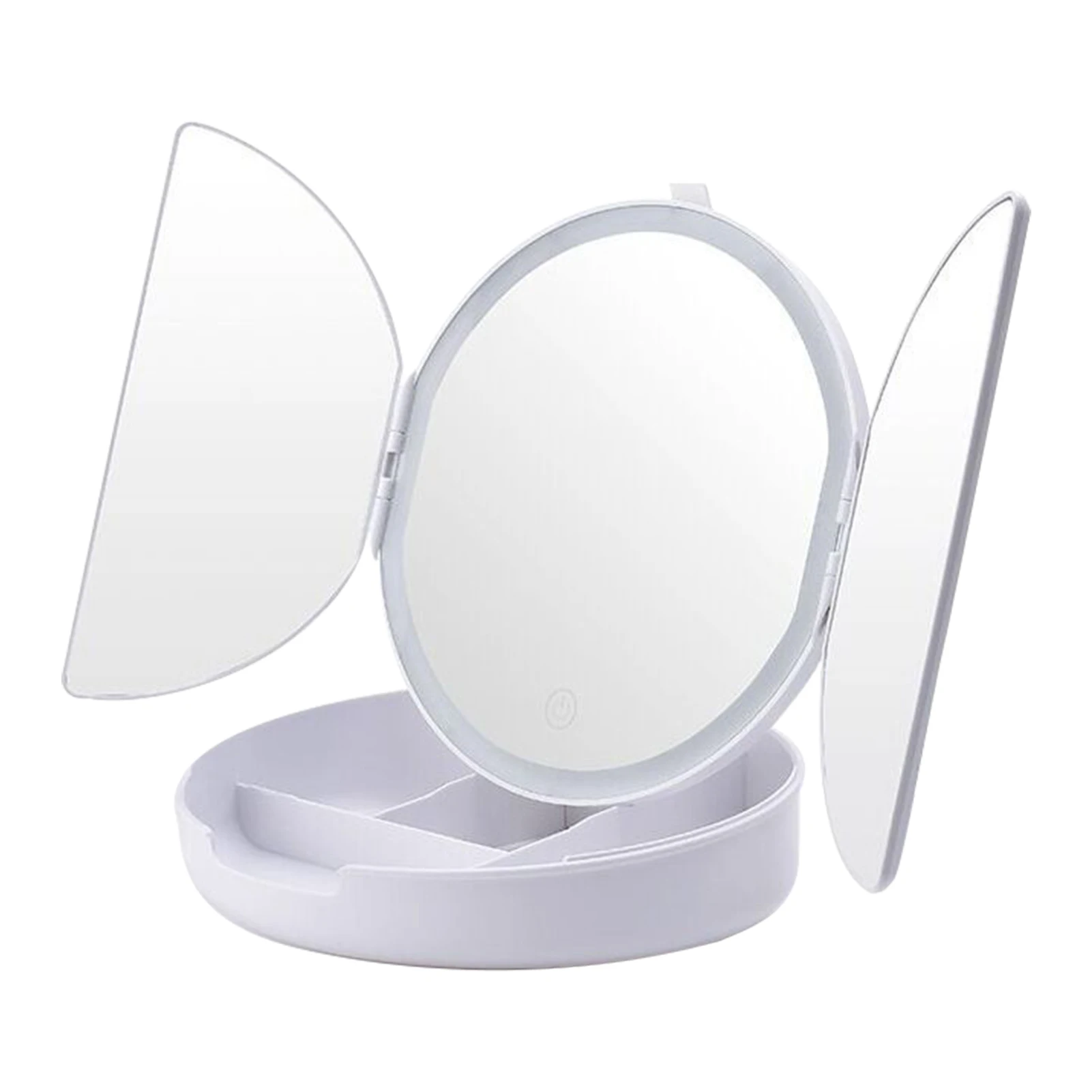 

Tri-fold Magnifying Adjustable Brightness Desktop Home Vanity Portable Makeup Mirror Touch Screen Small Cosmetic LED Lighted