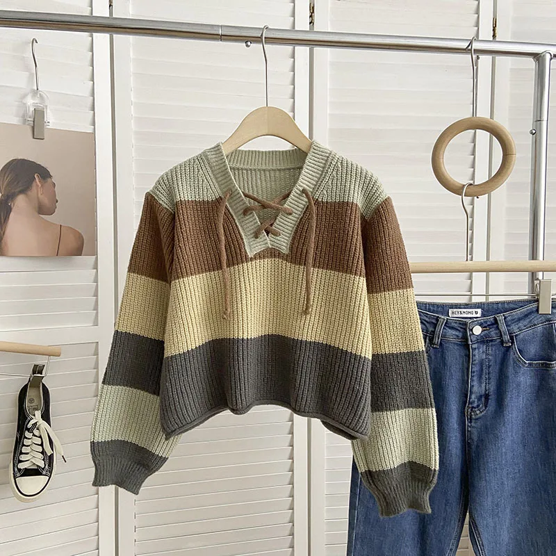

Knitting Vintage Striped Sweater Korean Style Women V-Neck Sweaters Short Pullover Female Casual Ladies Clothes Dropshipping