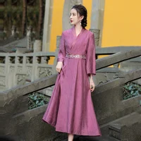 Retro Women's Clothing 2022 New Slim Long Chinese Style V-Neck Trumpet Sleeve + Belt Embroidery Design Hanfu Dress S-XXL