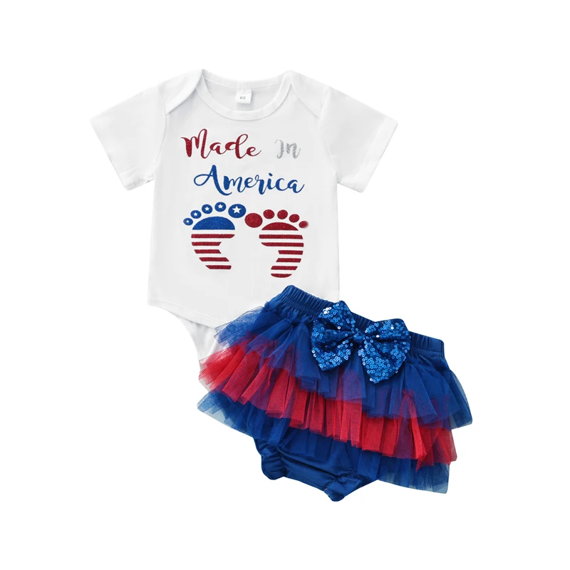 

Independence Day Baby Summer 2PCS Letters Footprint Short Sleeves Envelope Neck Snap Romper Tulle Layers Ruffle Triangle Pants