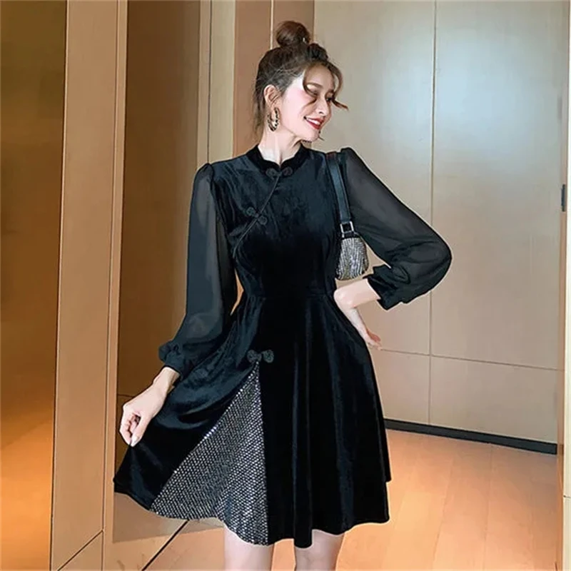 Женское бархатное платье-Ципао в китайском стиле сексуальное черное Сетчатое