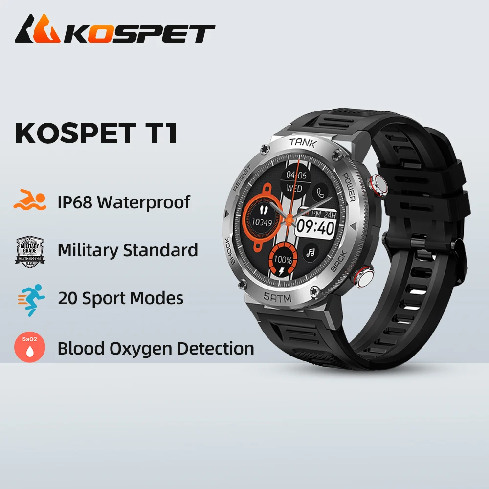 

2022 прочные Смарт-часы KOSPET TANK T1 для мужчин, 5ATM и 69K, 350 мАч, уличный фитнес-трекер, цвет черный/серебристый, умные часы для мужчин