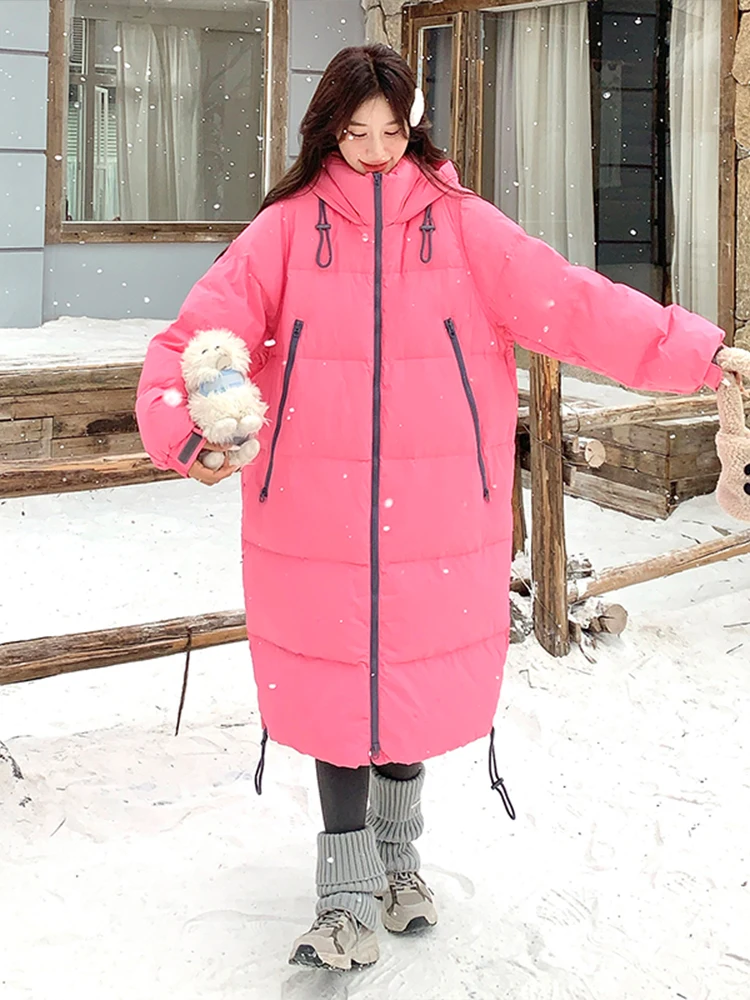 Long Loose Straight Pink Hood Stand Collar Down jacket Women 2024 Winter New Thickened Warm Coat Outerwear