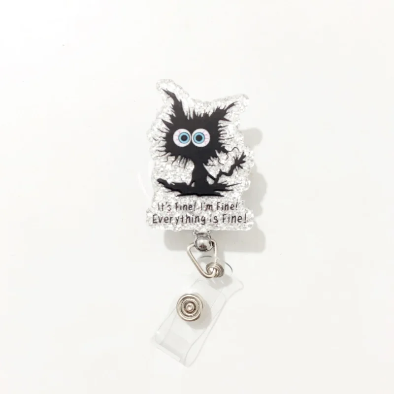 1PC Glitter Acrylic Cat Scan Teacher Coffee “It‘s Fine” Witch Charm Planar Key Chain Stretchable Cute Kitten Jewelry Gifts