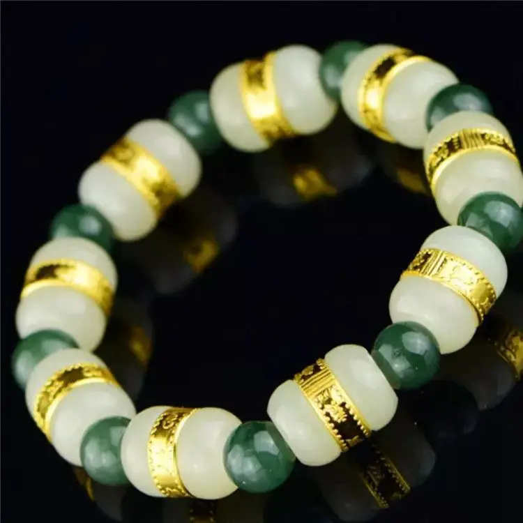 

Natural Hetian White Jade 24k Gold Bracelet Men Women Healing Jewelry Chinese Nephrite Gold Inlaid Jades Beads Beaded Bracelets