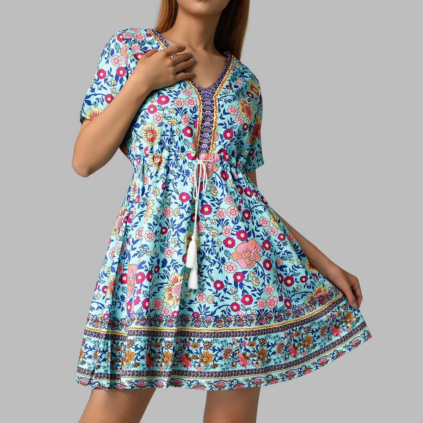 

Женское Цветочное платье в стиле бохо с коротким рукавом, V-образным вырезом, высокой талией и кулиской, облегающие Повседневные Вечерние Ко...