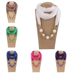 Women Fashion Neckerchief Resin Beading Pendant Scarf Necklaces Beads Solid Color Jewelry Shawl Scarves Bohemia Head Scarf Hijab