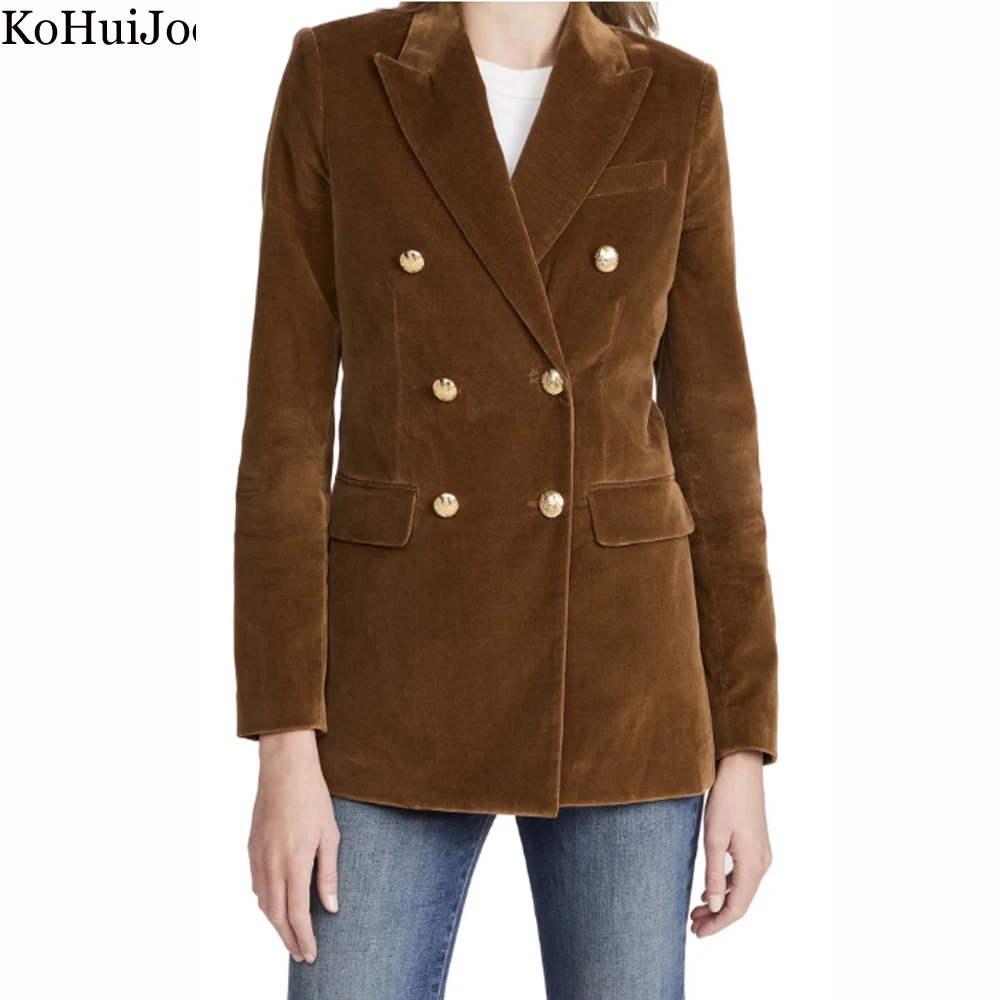 

KoHuiJoo Velvet Blazer jacket Womens Vintage Turndown Collar Long Sleeve Double Breasted Lady Office Blazer chaquetas mujer 2022