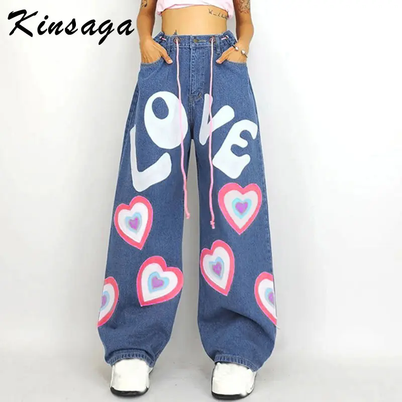 

Уличные прямые мешковатые джинсы Y2k большого размера на шнуровке, женские модные широкие брюки-карго с низкой посадкой и буквенным принтом, ...