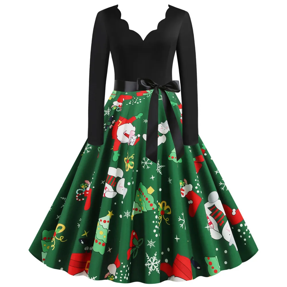 

Women Christmas Dress Long Sleeve Vintage Elegant V Neck Print Big Swing Party Xmas New Year Winter Clothes Robe Snowman Dresses