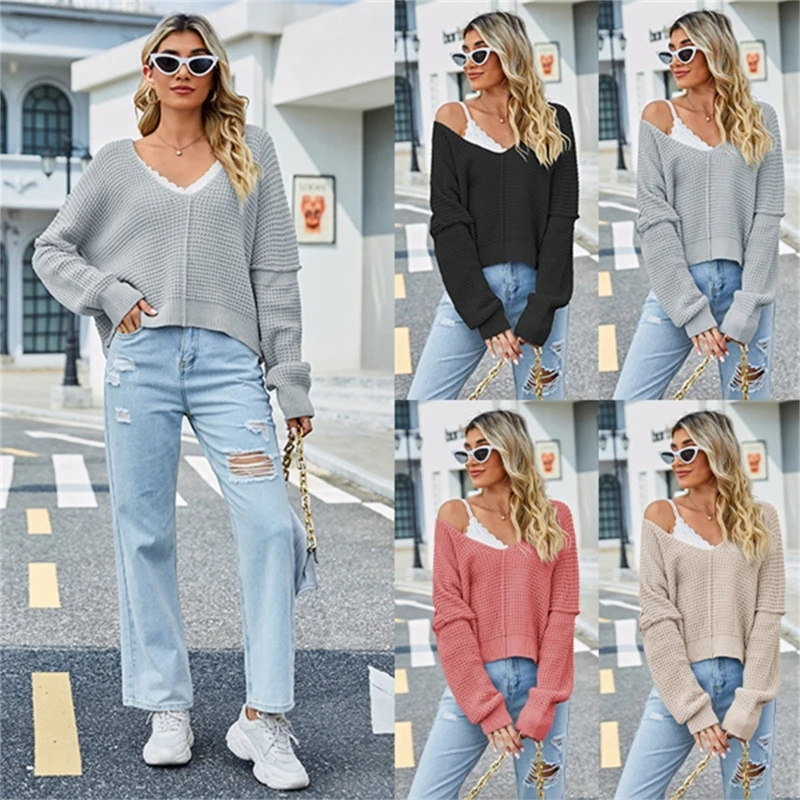 

Женский свитер с v-образным вырезом, повседневный пуловер с длинными рукавами, вязаный джемпер с открытыми плечами, топы