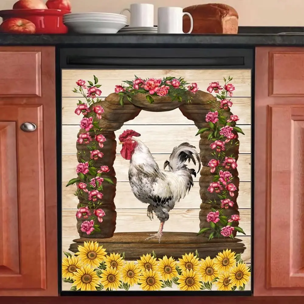 

Rooster Dishwasher Magentic Cover, Sunflower Self Adhesive Magnet Refrigerator Decal, Farmhouse Kitchen Home Appliances Decorati