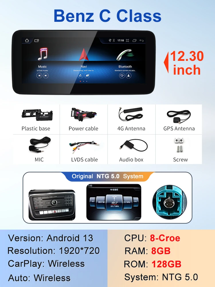 STWEI 2024, новый автомобильный мультимедийный беспроводной Android AUTO CarPlay 12,3-дюймовый экран для плеемов Mercedes Benz C Class GLC W205 S205