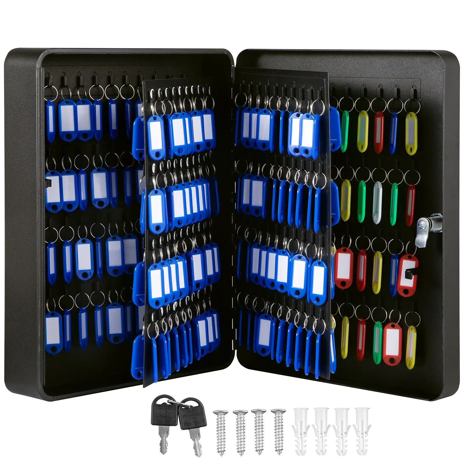 

Key Cabinet Steel Lock Box w/ 240 Capacity Colored key Tags & Hooks Black