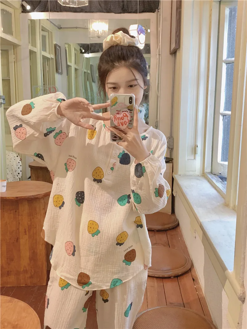 

Корейская Мягкая Хлопковая пижама, женские милые комплекты одежды для сна, пуловер с круглым вырезом, Свободный Повседневный Комплект из двух предметов, домашняя одежда D778