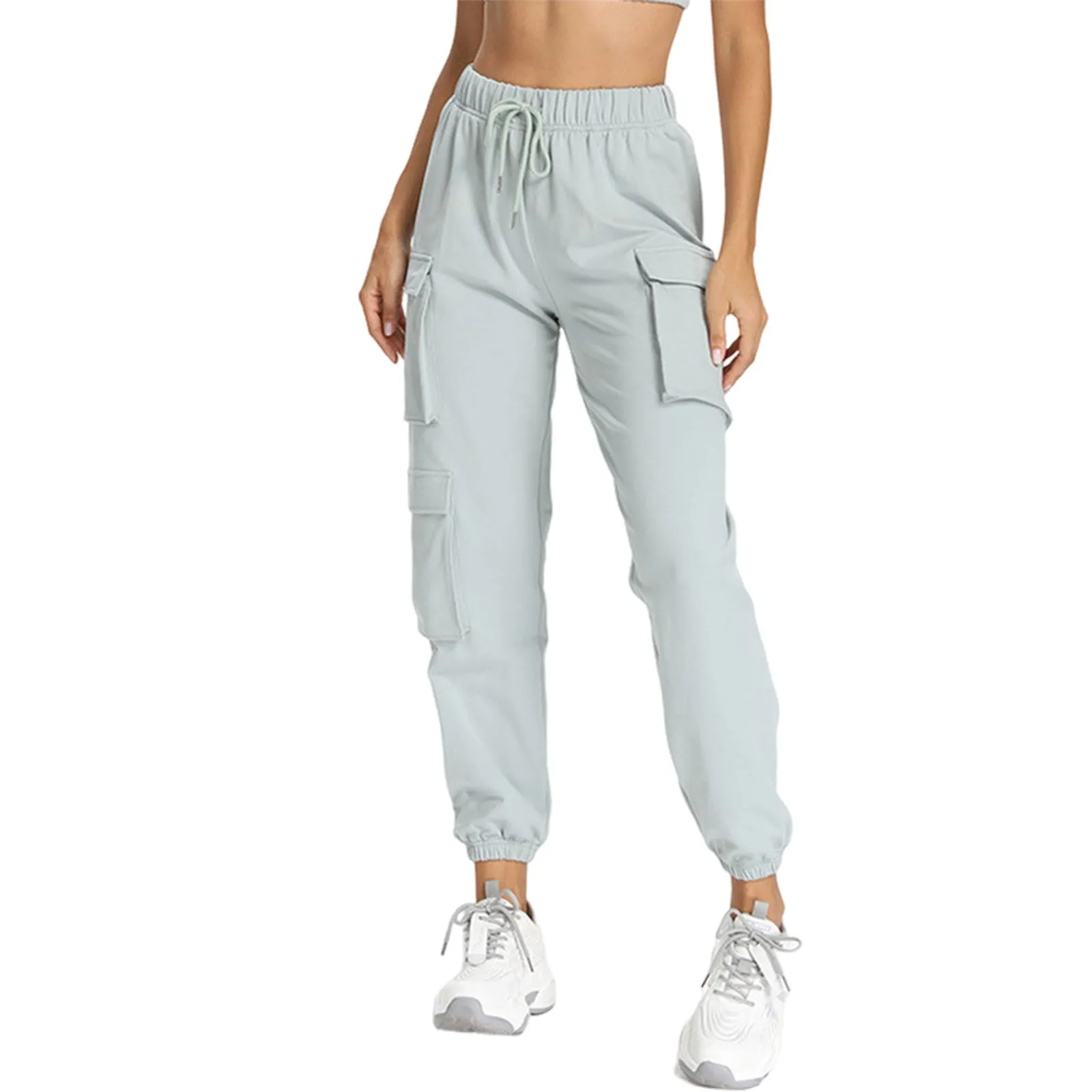 

Женские Новые Простые Модные брюки для бега с несколькими карманами, повседневные однотонные спортивные брюки для фитнеса на шнурке с эластичным поясом