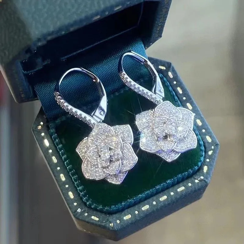 

Camellia Flower Full Zircon Earrings Micro Inlaid with Diamond Light Luxury Flower Earrings High Quality First Jewelry Wholesale