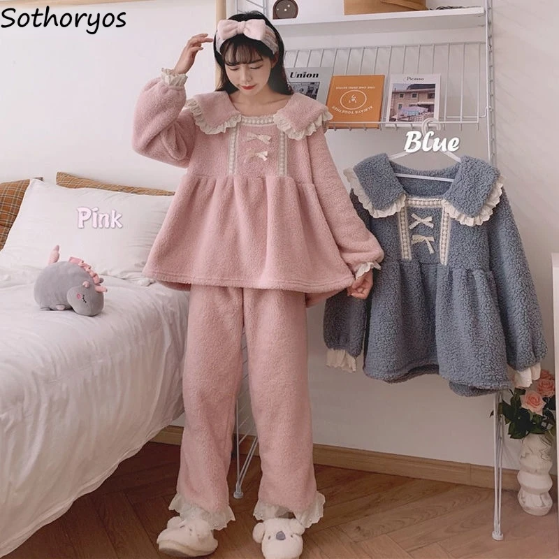 

Winter Pajama Sets Women Kawaii Warm Chic Long Sleeve Preppy Girls Homewear Soft Ulzzang Trendy Teens 2 Piece Sleepwear Daily