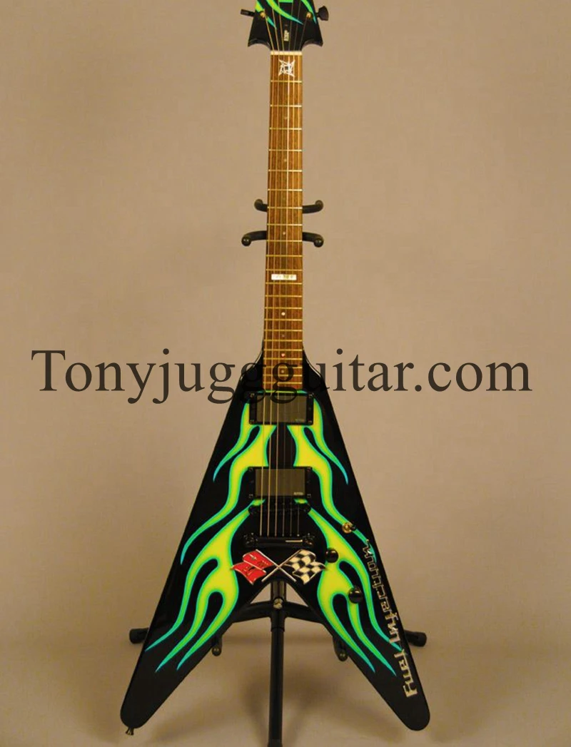 

James Hetfield JH-1 Hot Rod Flying V Green Flames Electric Guitar Corvette Flag, M Ninja Star Inlay, EMG Pickup, Black Hardware