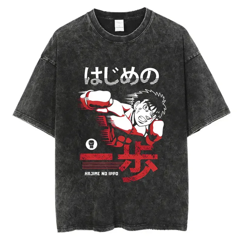Фото Винтажная хлопковая стираная футболка аниме Hajime No Ippo Kamogawa Boxing Gym Свободные футболки для мужчин и женщин Y2K Хип-хоп Летняя футболка №4