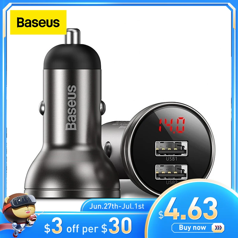 

Baseus Alloy Dual USB Car Charger 4.8A 24W Fast Charge For Xiaomi Samsung Phone Car Charger