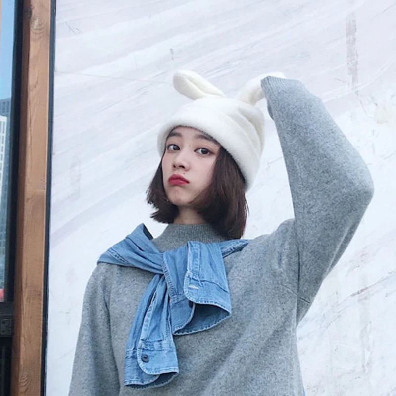 

Шапка с кроличьими ушками Женская осенне-зимняя вязаная шерстяная шапка зимняя теплая Корейская версия японской шапки