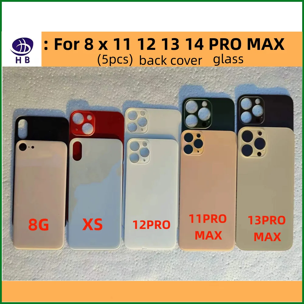 

5Pcs For iPhone Back Cover 8 X 11 12 13 14 Pro Max Case Large Camera Hole Replacement Rear Battery Glass Cover 12 Mini 14 Plus