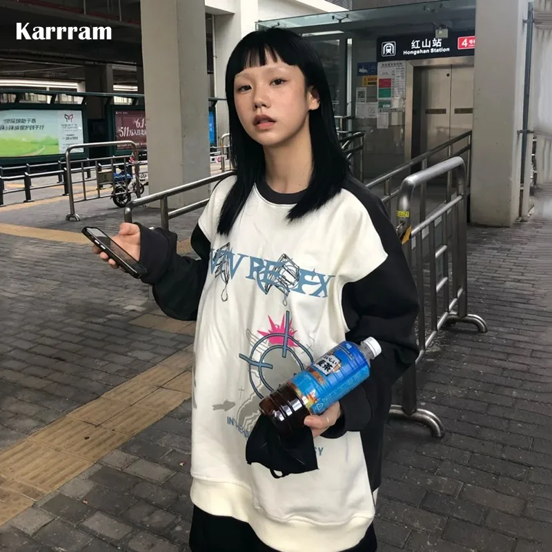 

Karrram гранж футболка оверсайз японский Harajuku лоскутный пуловер корейская мода свободная футболка панк винтажная уличная одежда 90-х
