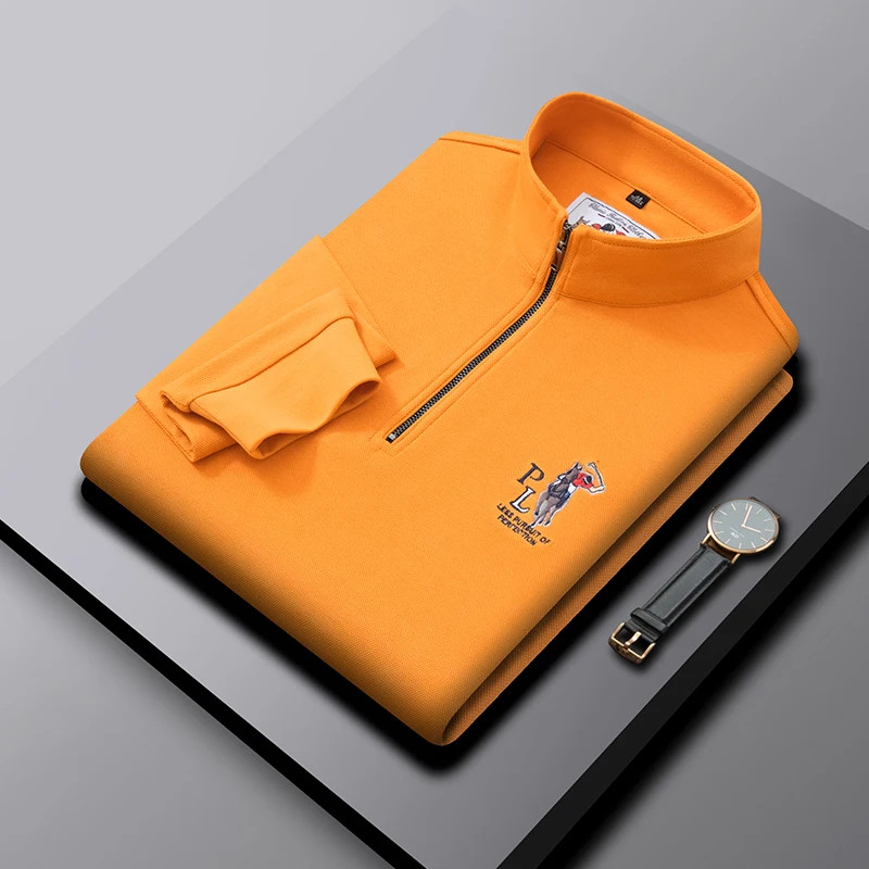 Рубашка-поло мужская из 100% хлопка с воротником-стойкой и длинным рукавом