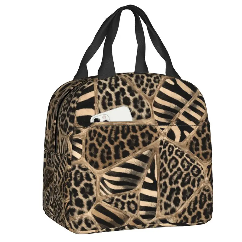 

Animal Print Thermal Insulated Lunch Bag Leopard And Zebra Pastel Gold Portable Lunch Container for Kids School Storage Food Box