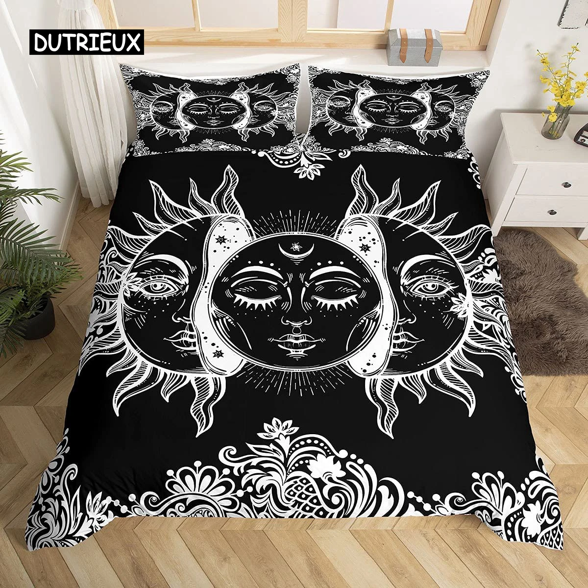 Mandala Duvet Cover Set Sun and Moon Comforter Ties Exotic Style Black White Botanical Floral Polyester Bedding