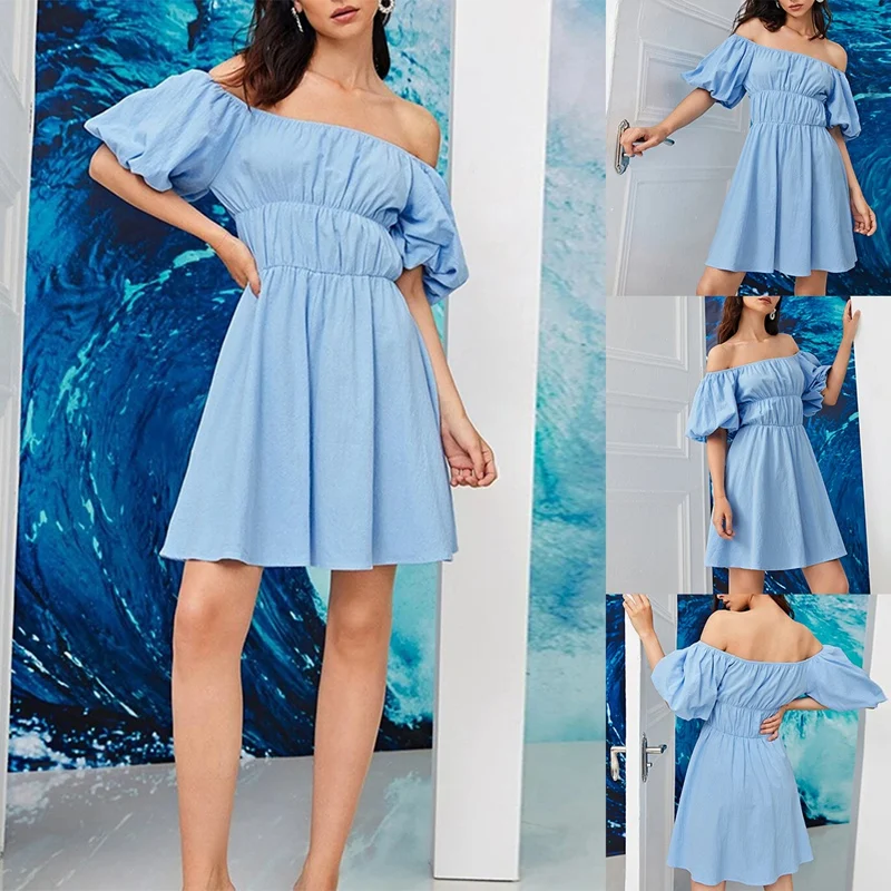 

Women's One-Line Neck Short Puff Sleeve Mini Dress Fashion Solid Color Dress