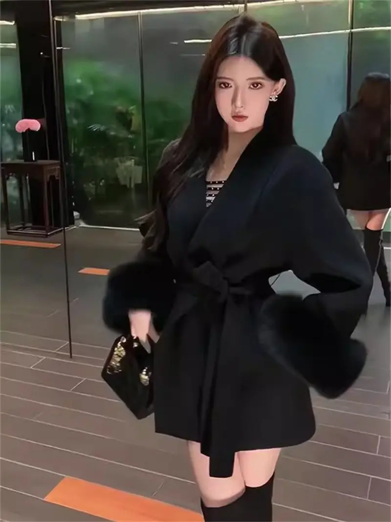 Женская шерстяная куртка на завязках свободная короткая модная в стиле пэчворк с