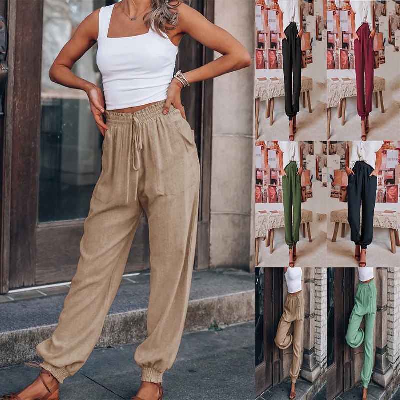 

Women's solid color casual trousers independent stand pocket pencil pants new drawstring pencil pants women