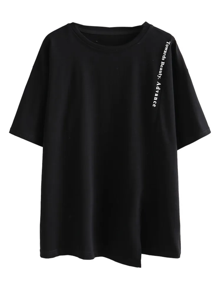 

Plus Size Tops Women Clothing T Shirt Femme Cotton Summer Short Sleeve Casual Letter Printing Split Brief Tees S54-2216