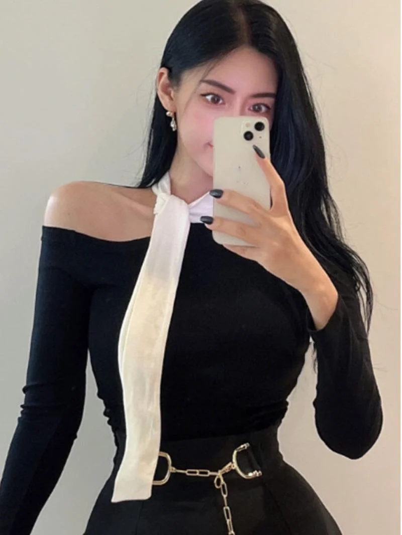 Осень/зима корейская версия бант шнуровка косой воротник пуловер с открытыми