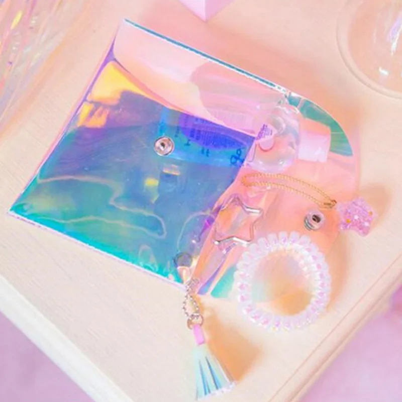 

Women Bags Popular Colorful Laser Tassel Mini Purse Press Buckle Transparent Makeup Bags Envelope Wallet Clutch Handbag
