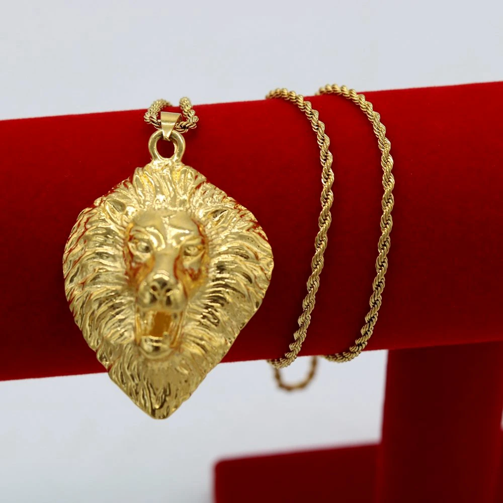 

Hip Hop Men Pendant Chain with Rope Necklace Lion Head 18k Yellow Gold Filled Rock Street Style Classic Men Jewelry