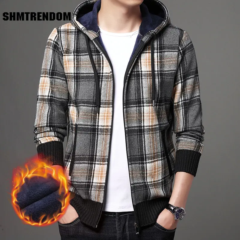 Top Quality New Brand Fashion Woolen Thick Velvet Hooded Casual Baseball Collar Plaid Jacket Men Windbreaker Coats Men Clothes