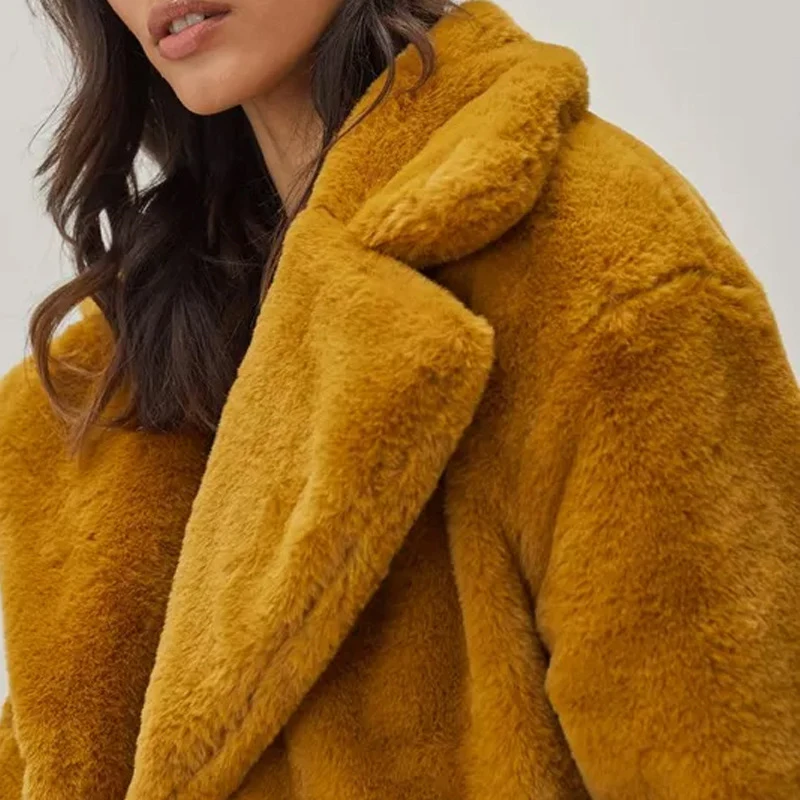 2022 Fall Winter Thick Warm Women Faux Fur Jacket Turn Down Collar Pockets Caramel Rabbit Fur Coat Female Thickened Outerwear