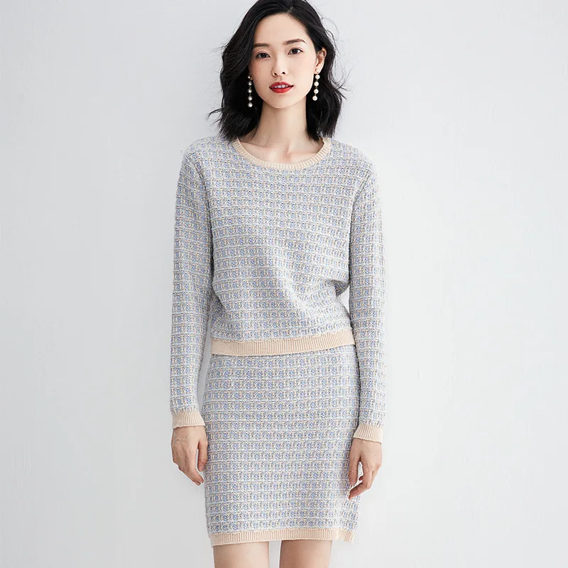 Spring New Suit Skirt Elegant Plaid Dress Women Two-piece Suit Ladies Knitted Sweater