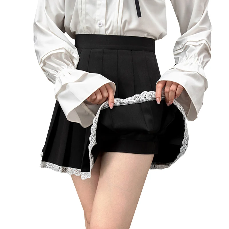 

Lace Patchwork Women Pleated Skirt Black High Waist Female Mini Skirts Preppy Style Ladies Short Skirt Summer A-Line Skirts