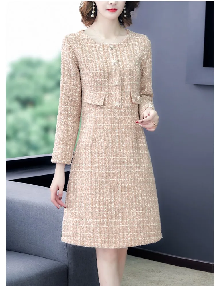

Женское платье в клетку, маленькое Очаровательное платье цвета хаки с длинным рукавом, твидовое платье до колен