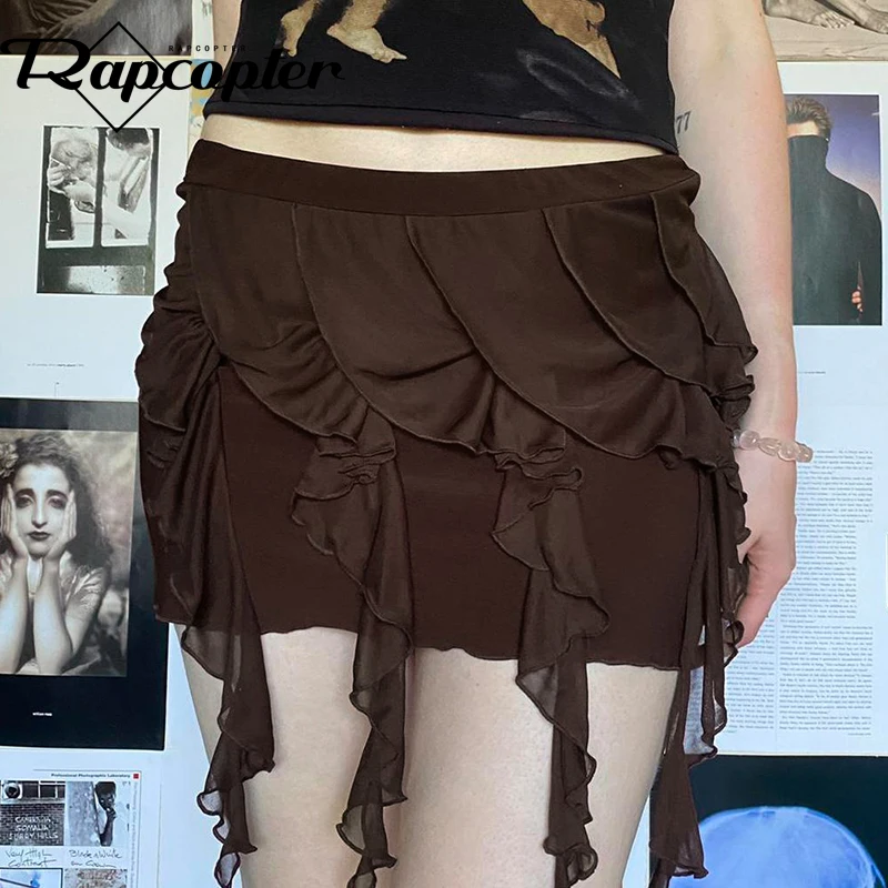 

Rapcopter y2k Brown Mini Skirts Vintage Cute Ruffles Slim Pencil Skirts Fairycore Harajuku Cute Chic Short Skirts Grunge Clothes